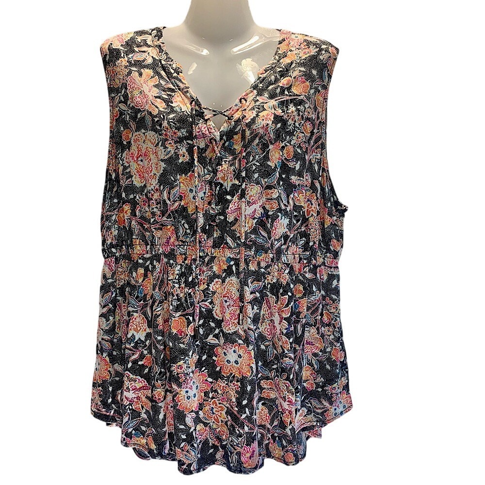 Torrid Floral Paisley Lace Up Sleeveless Tunic Top Black‎ Pink Plus Size 1 1X